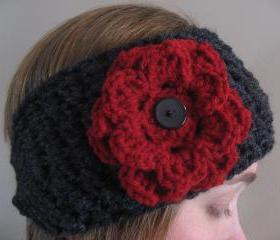 Ear Warmer with Two Interchangeable Flowers. Crochet Warm Headband with Button-on Flowers.